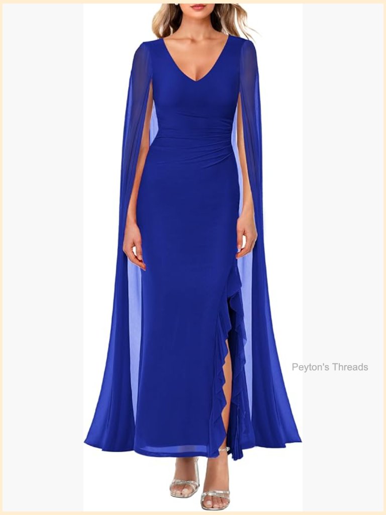 V Neck Flowy Long Sleeve Split Formal Dress Mesh Ruched Cocktail Evening Party